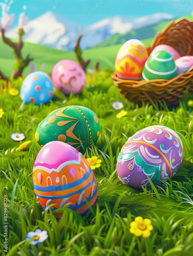Easter eggs are scattered on a grassy meadow in the background, 2D game art style Easter eggs are scattered on a grassy meadow in the background, 2D game art style