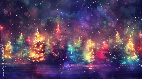 Abstract painting of a forest with colorful lights and bokeh