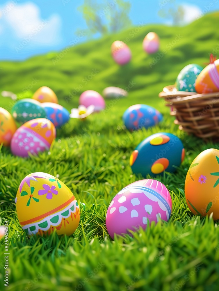 Easter eggs are scattered on a grassy meadow in the background, 2D game art style Easter eggs are scattered on a grassy meadow in the background, 2D game art style