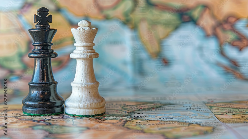White and black chess pieces stand side by side with a blurred background. White and black chess pieces stand side by side with a blurred background.