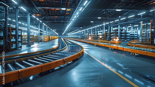 A smart cityscape with interconnected warehouses using underground conveyor systems for inventory transportation