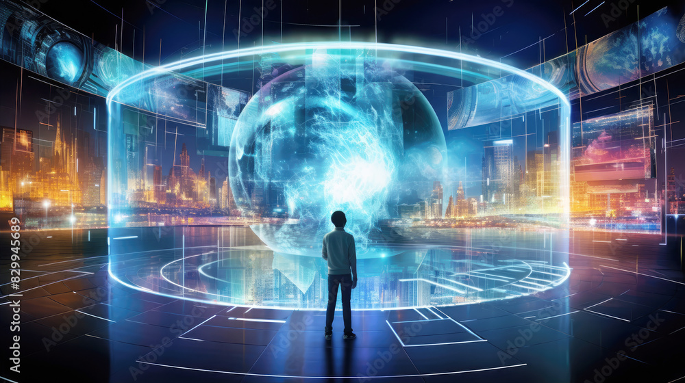 generated illustration of man watching multimedia wall generated illustration of man watching multimedia wall