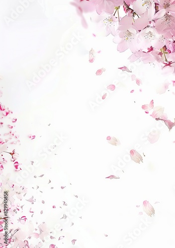 Pink and white peach blossom petals falling in the air isolated on white background