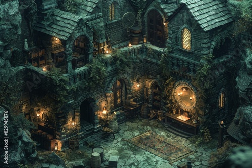 Medieval Stone Library at Night in a Mystical Forest Setting With Glowing Lanterns