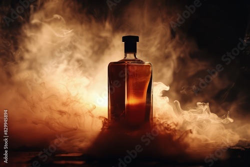 a silhouette of the no-label whiskey bottle shrouded in darkness, with hints of smoke and amber hues, sparking curiosity and anticipation among viewers