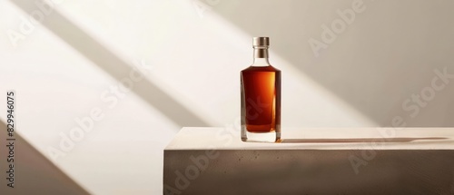 no-label whiskey bottle against a clean, minimalist backdrop, emphasizing the purity and quality of the product