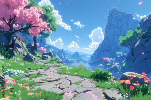 Beautiful Spring Morning in a Mountainous Landscape With Blooming Cherry Blossoms