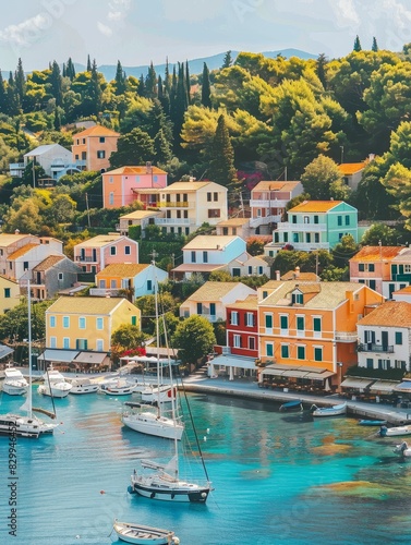 A picturesque village by the sea with colorful houses and boats anchored in the harbor, capturing coastal charm © tantawat