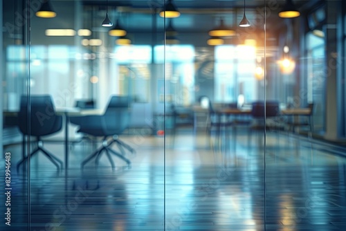 Blurred office interior background with glass wall and modern business meeting room in clean empty open space