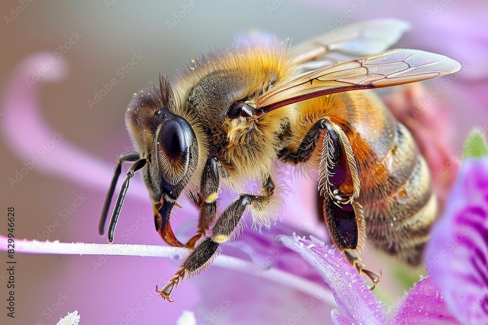 A detailed macro shot of a honeybee collecting nectar from a flower, highlighting the intricate beauty of nature A detailed macro shot of a honeybee collecting nectar from a flower, highlighting the intricate beauty of nature