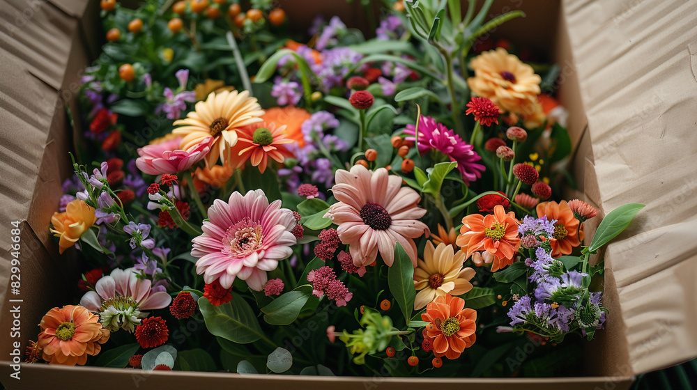 A box of flowers with a variety of colors. The flowers are arranged in a way that creates a sense of harmony and balance
A box of flowers with a variety of colors. The flowers are arranged in a way that creates a sense of harmony and balance