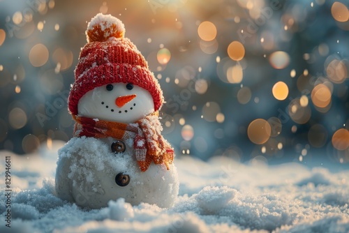 Winter Snowman With Red Hat and Scarf Glowing in Snowy Forest at Sunset