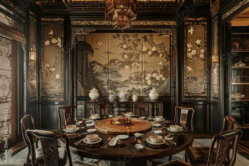 A sophisticated Chinese dining room with a round table lazy Susan and ornate porcelain dinnerware set against a backdrop of hand-painted © SAJAWAL JUTT