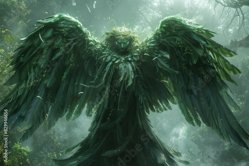 Majestic Green Feathery Being in Enchanted Forest at Dawn