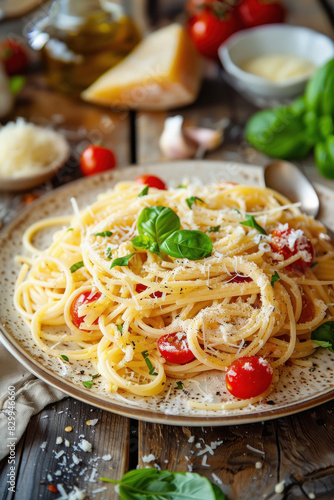 Appetizing plate of homemade Italian spaghetti pasta with Parmesan cheese and fresh tomatoes