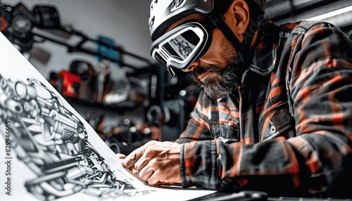 A vehicle mechanic using augmented reality goggles to see a detailed engine overlay and repair instructions photo