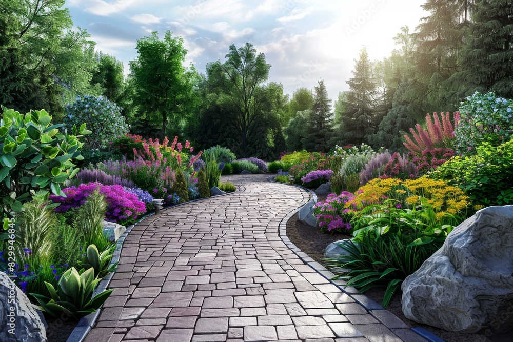Stone path through a colorful summer garden