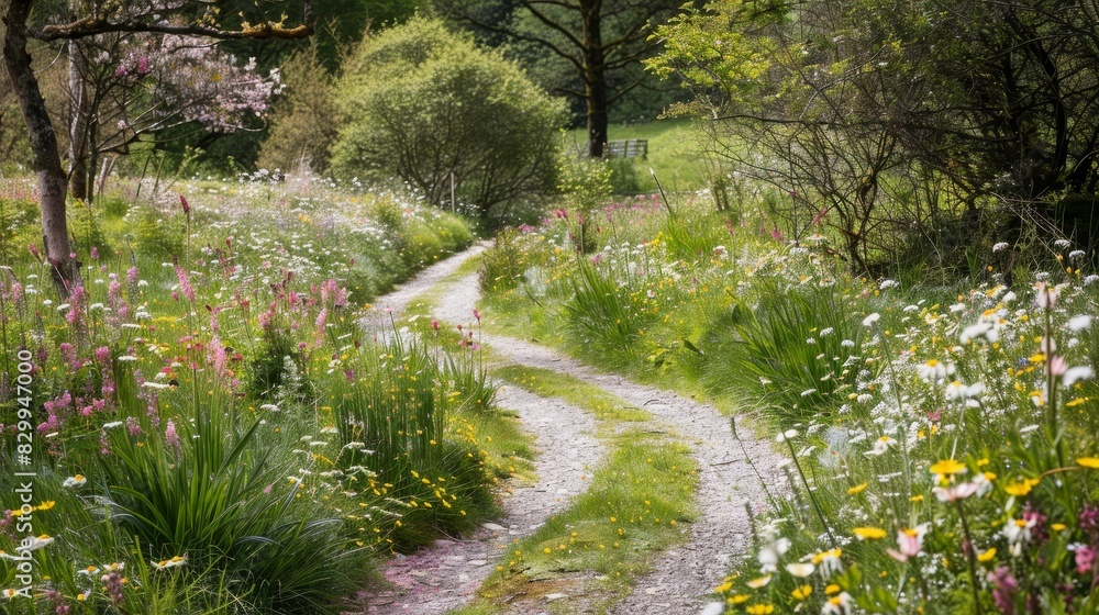 A peaceful countryside scene with a winding path leading through fields of blooming flowers under a clear sky A peaceful countryside scene with a winding path leading through fields of blooming flowers under a clear sky