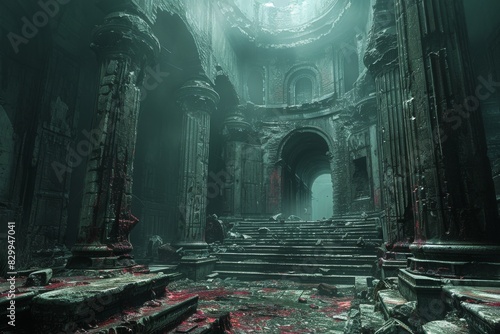 Ancient Ruins Illuminated by Misty Light in Overgrown Forest at Dusk