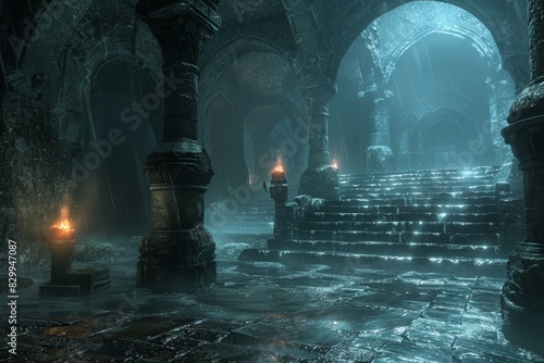 Ancient Stone Cathedral With Glowing Torches At Dusk In Misty Atmosphere