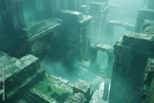 Ancient Stone Ruins Shrouded in Mist During Early Morning Rainfall