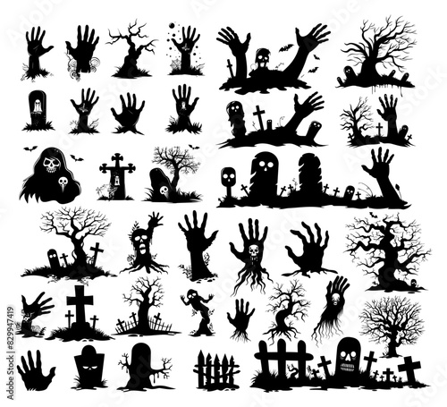 Grave hands rising black ink sketch vector set. Palm wrist tombstone stone cemetery skull living dead carrion grass holiday scary halloween silhouettes isolated on white background