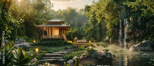 a luxurious Thai massage retreat set amidst picturesque landscapes, cascading waterfalls, and verdant gardens, promising a transcendent escape from the stresses of modern life