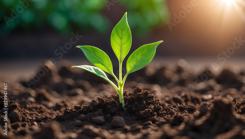 World environment day, A vibrant green seedling with multiple leaves growing in rich, dark soil, illuminated by warm sunlight in a blurred background 
