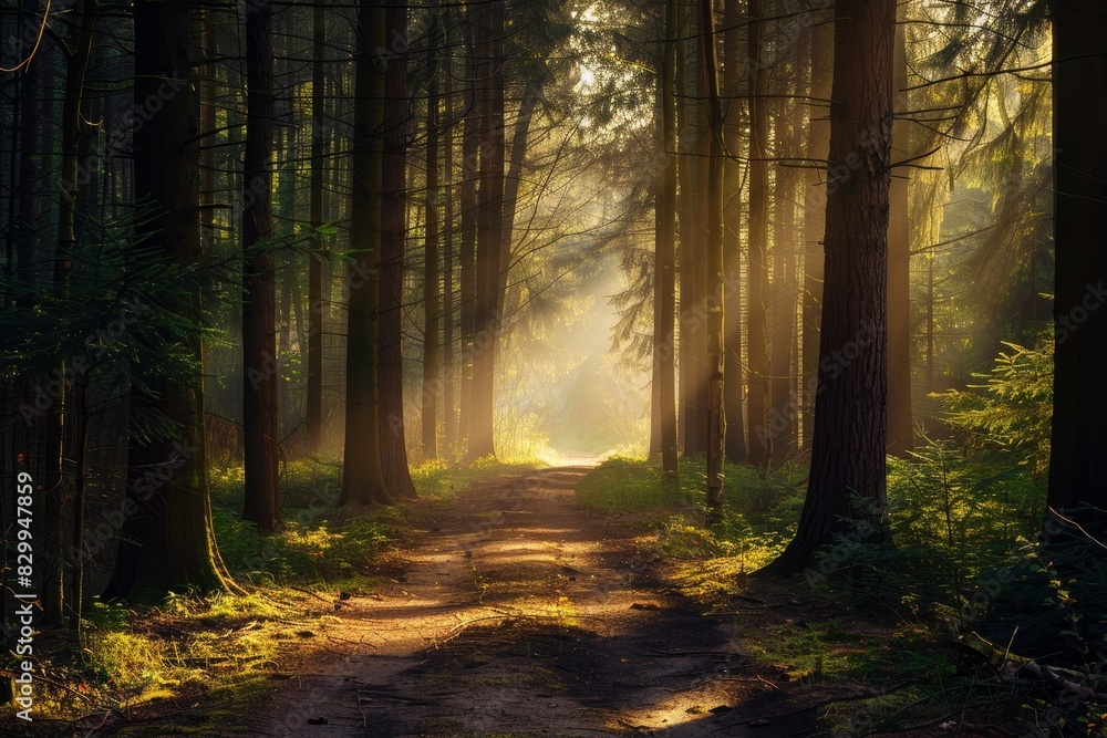 Obraz premium A peaceful forest path with sunlight filtering through the trees, creating a serene and inviting atmosphere