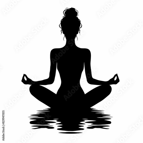 Zen Reflection: A Minimalist Black-and-White Silhouette of a Person in Lotus Position, Meditating on Calm Waters