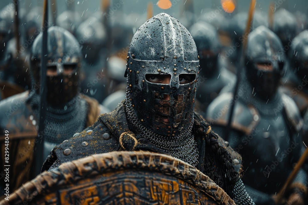 Medieval Soldiers in Armor Prepare for Battle on a Rainy Day Medieval Soldiers in Armor Prepare for Battle on a Rainy Day