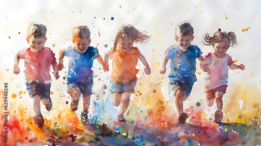 Joyful Watercolor, Illustration of Happy Kids Running Together