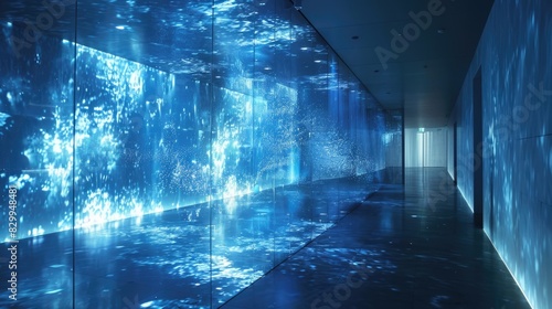 The hallway is dimly lit with blue light  and the walls are covered in a glowing blue pattern.