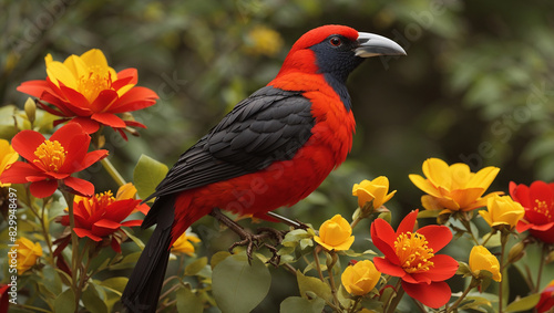 A red bird with a yellow beak is perched on a branch. 