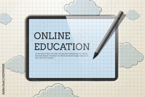 Online education concept. A tablet with a pen against the background of a checkered notebook. Vector illustration.