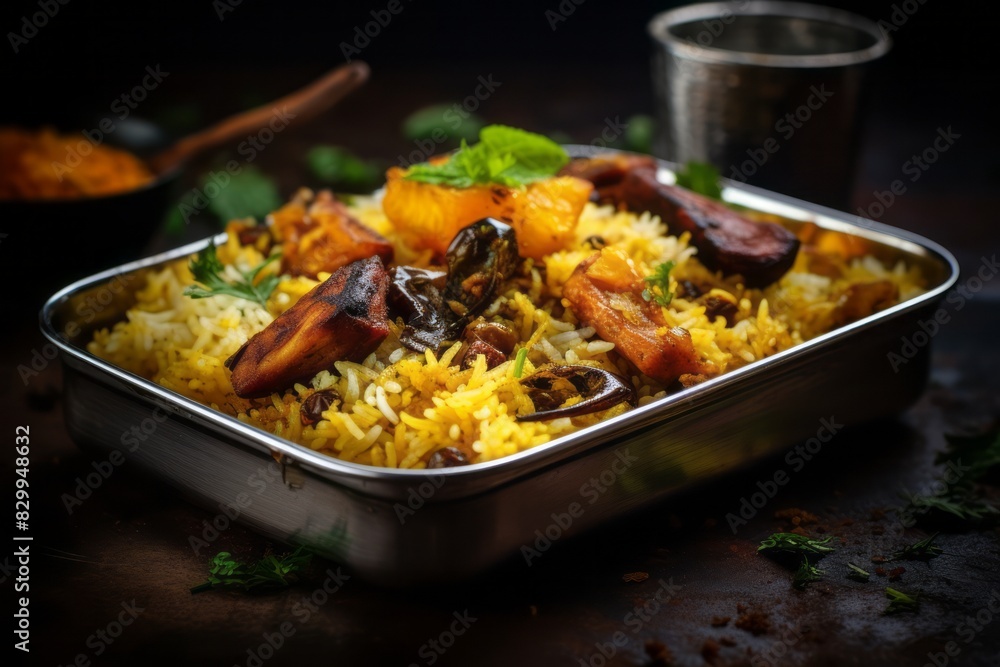 Tempting biryani in a bento box against a galvanized steel background Tempting biryani in a bento box against a galvanized steel background