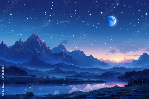 Breathtaking Mountain Landscape Under Starry Night Sky With Moon Reflection