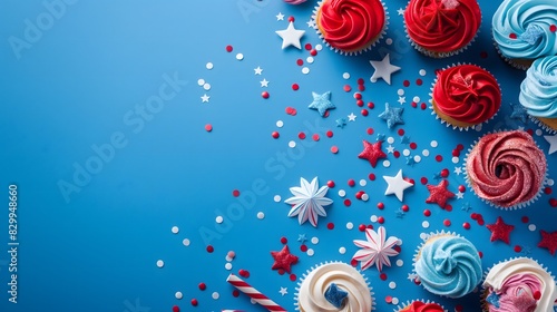 Cupcakes with red, white, and blue star decorations on a bright blue background, creating a patriotic atmosphere photo