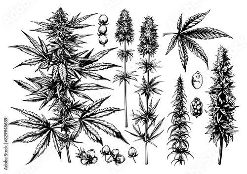 Hemp ink sketch vector set. Bush cannabis seeds marijuana stems leaves smoking plant, illustration isolated on white background