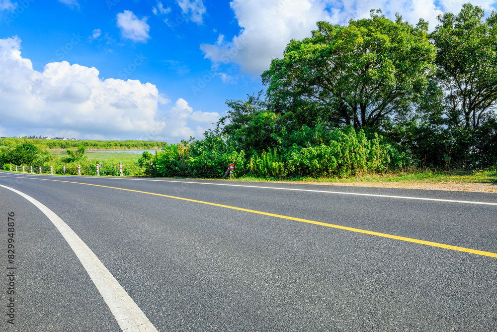 Country road and green tree with sky clouds on a sunny day Country road and green tree with sky clouds on a sunny day
