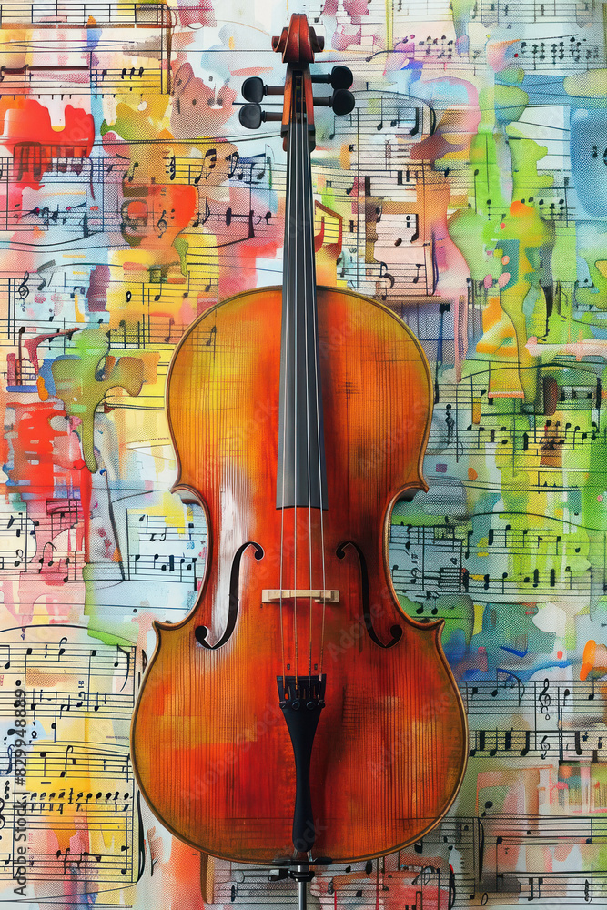 Naklejka premium Cello instrument set against a background of colorful musical notes