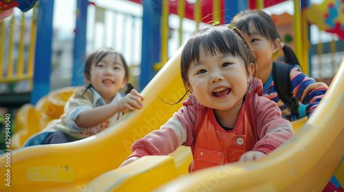 Kindergarten Joy, Children Playing Happily on the Slide