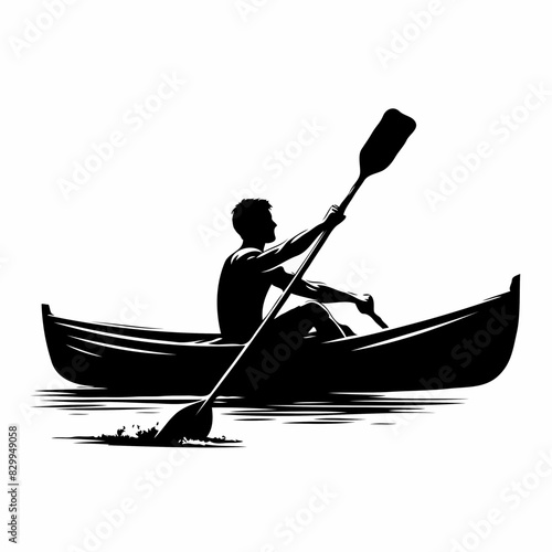 "Sunlit Journey: A Minimalist Silhouette of a Canoeist Paddling Through Water, with Detailed Sunlit Ripples and Flowing Brush Strokes in Black and White"