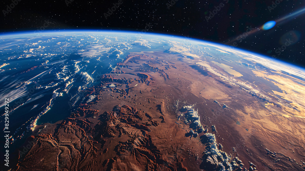 Fototapeta premium Earth from Space: Photographs Earth from a space perspective offer a breathtaking and humbling view our planet. From the vastness space, Earth appears as a vibrant, blue marble, surrounded by the deep