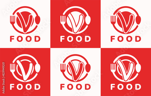 Set of letter V food plate logo. This logo combines letters and cutlery shapes. Perfect for restaurants, food courts, fast food, street food and cafe.