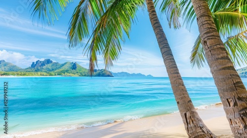 A tranquil beach scene with palm trees swaying in the breeze and turquoise waters, perfect for tropical vacation themes