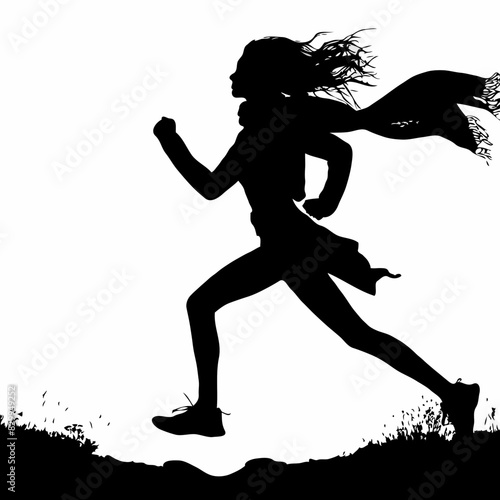 Heroic Sprint: A High Contrast Silhouette of a Woman Running with Windswept Hair and a Flowing Scarf, Capturing Dynamic Energy and Minimalist Elegance