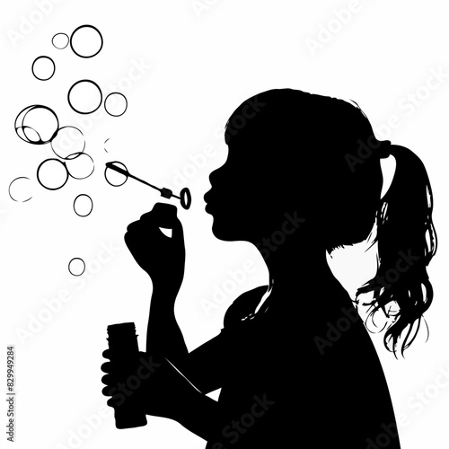 Whimsical Bubbles: A Serene Silhouette of a Girl Blowing Bubbles, Capturing a Playful Moment in Black and White Profile View