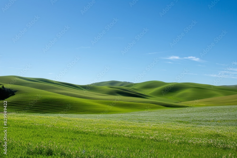Fototapeta premium A candid shot of a1. A picturesque view of a serene countryside with rolling green hills under a bright blue sky, capturing the tranquility of rural life