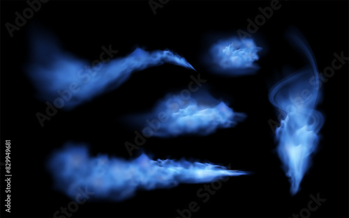 Magic smoke or blue fog cloud wave, ray vector special realistic effect mist or smog beam on black, powder steam spray